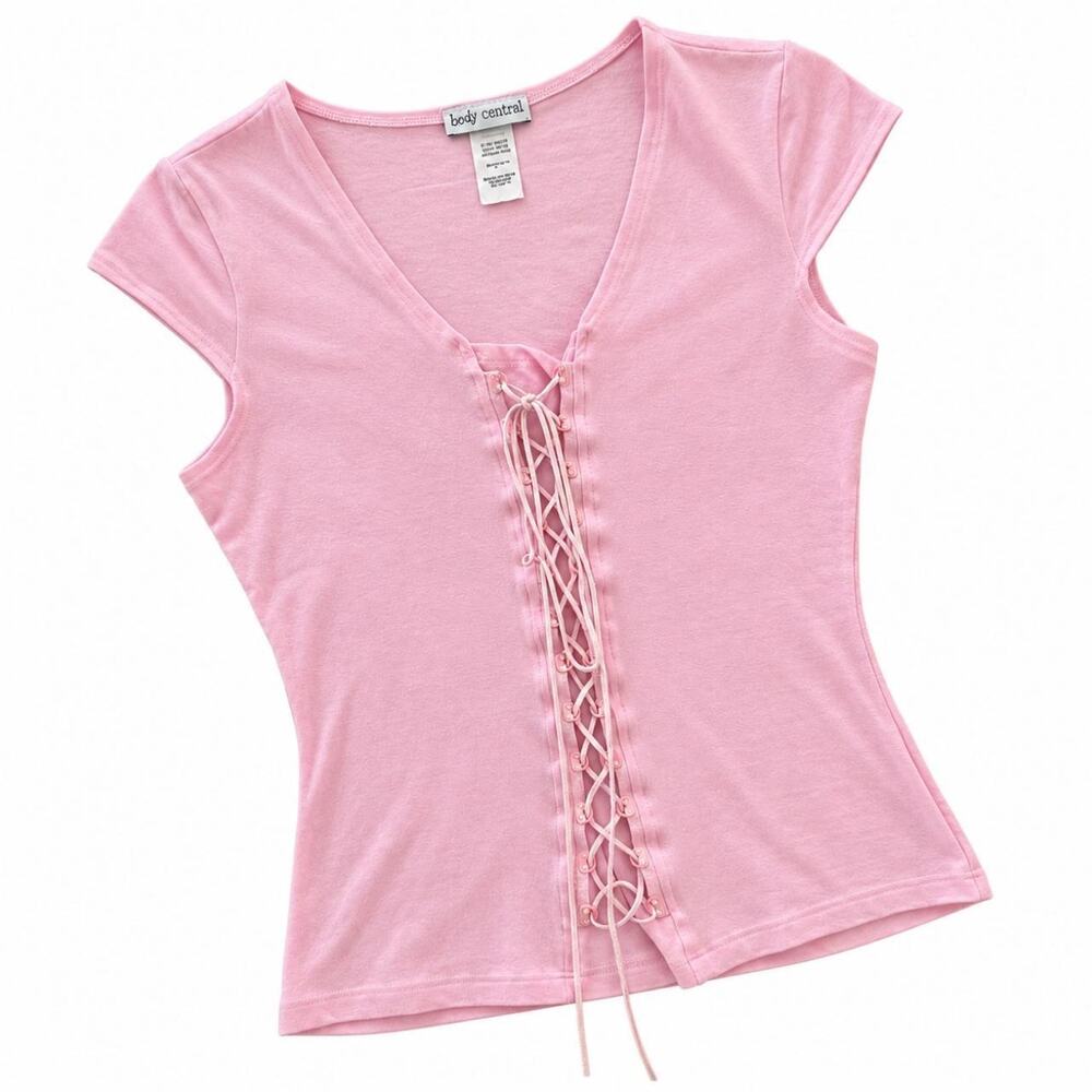 Vintage Y2K Pink Lace Up Corset Style Top